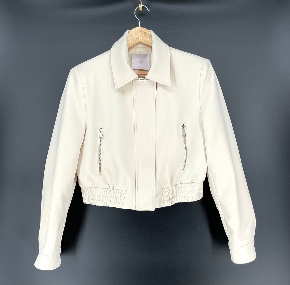 MNG Mango Womens S Cream Cropped Bomber Jacket Silver Zip Pockets Lined